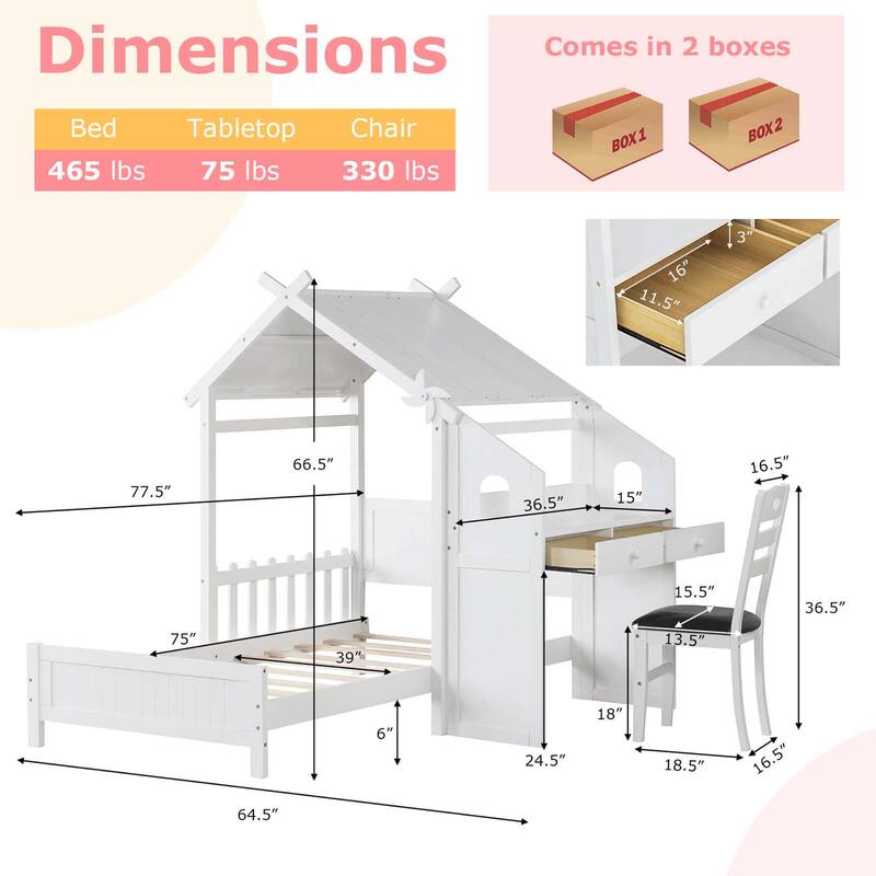 Teens Twin Bed w/ Desk Chair 2 Drawers Windmill Fence & Headboard