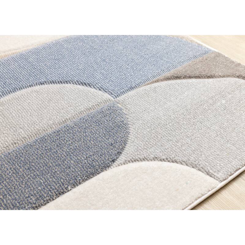 Fabio Collection - Rounded Modern Geometric Blue Grey Area Rug