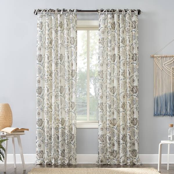 No. 918 Marita Folk Floral Linen Blend Sheer Tie Top Curtain Panel, Single Panel Overstock
