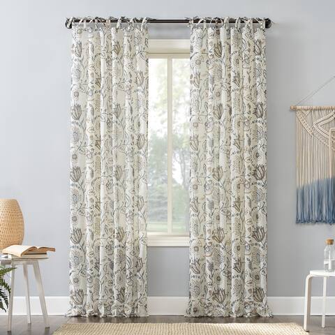 No. 918 Marita Folk Floral Linen Blend Sheer Tie Top Curtain Panel, Single Panel