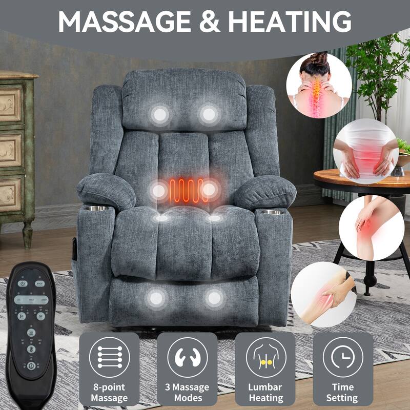 Grey Power Lift Recliner with Massage, Heat & Cup Holders