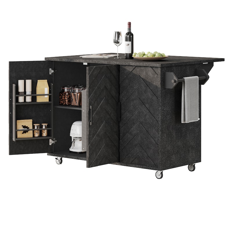 51.2"W 3D Wave Stripes Kitchen Island with Storage, Drop Leaf, Farmhouse Kitchen Island on Wheels Rolling Kitchen Cart