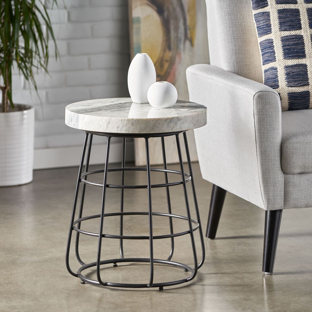 Roomfitters Round Marble Top End Table, Modern Side Table with Black Wire Base, Small Sofa Table for Living Room, Gray Marble