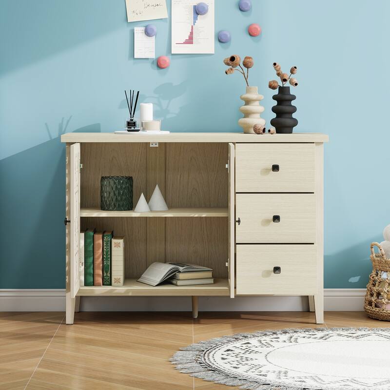 Roomfitters Hollow Carved Sideboard Buffet Cabinet with 2 Doors and 3 Drawers, Natural