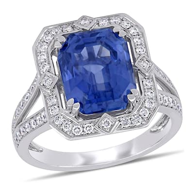 Miadora 6 1/2ct TGW Sapphire and 1/2ct TDW Diamond Halo Cocktail Ring in 14k White Gold