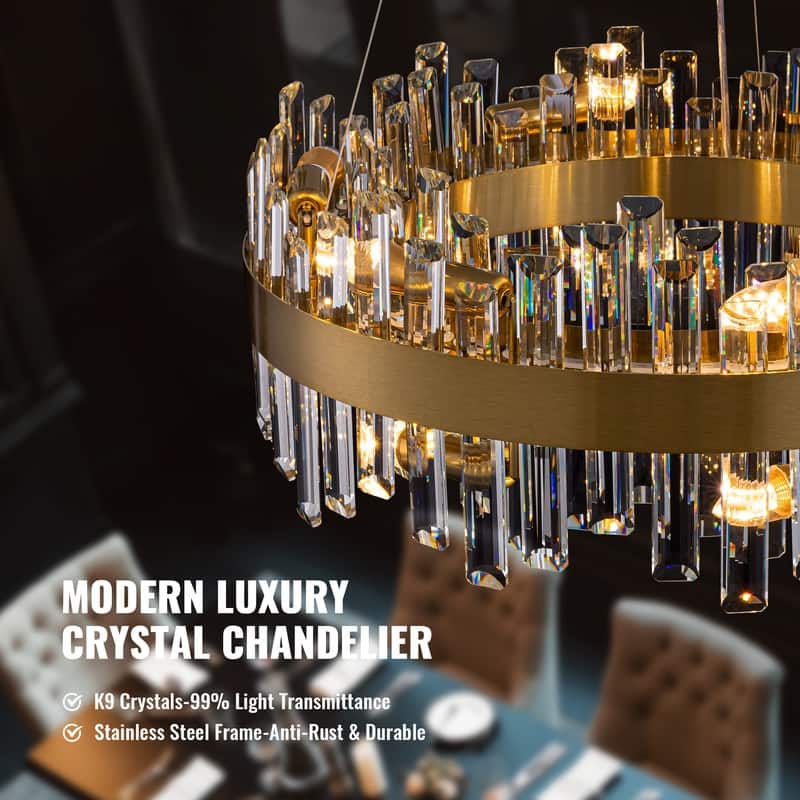 24 in. 2-Tier Modern Crystal Chandelier Brass Gold Round Crystal Raindrop Chandelier Contemporary Pendant Light for Dining Room