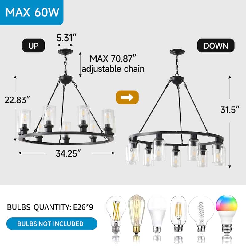 9-Light Black Wagon Wheel Chandelier With Light (No Bulbs) For Living Room Dining Room Kitchen--E26