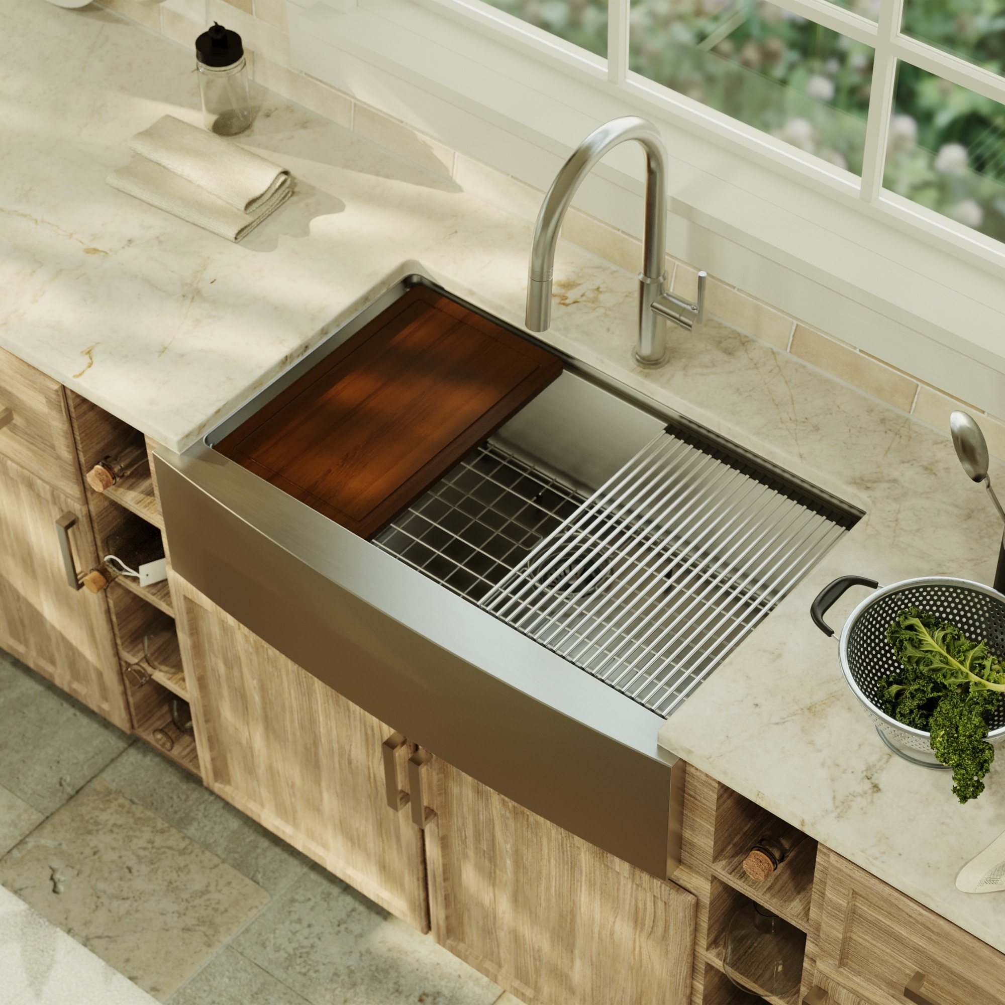 Karran 33" Undermount Large Single Bowl Stainless Steel Farmhouse Workstation Sink - Stainless Steel