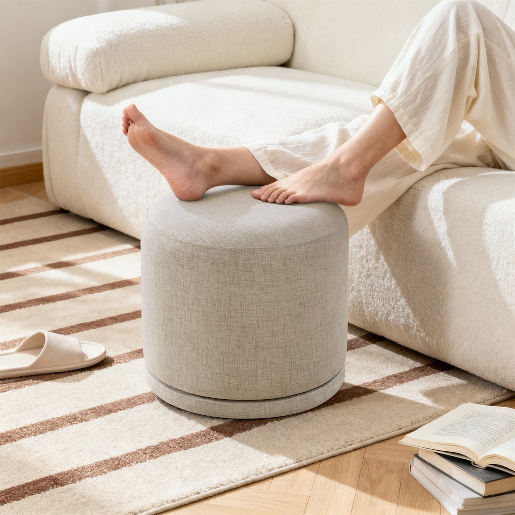 Fully Assembled Linen Round Swivel Ottoman Footstool with Acacia Hardwood Frame