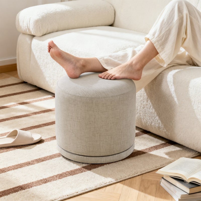 Fully Assembled Linen Round Swivel Ottoman Footstool with Acacia Hardwood Frame