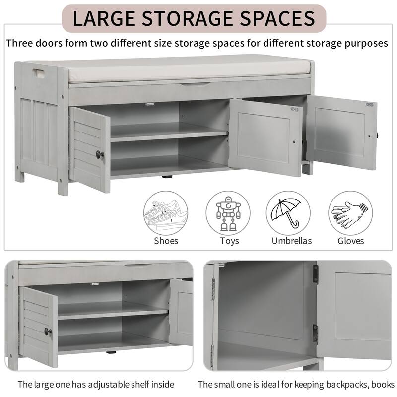 Storage Bench with 3 Shutter Shaped Doors Removable Cushion Rectangular Storage Ottoman Cabinet Foot Rest Stool Wood Shoe Bench