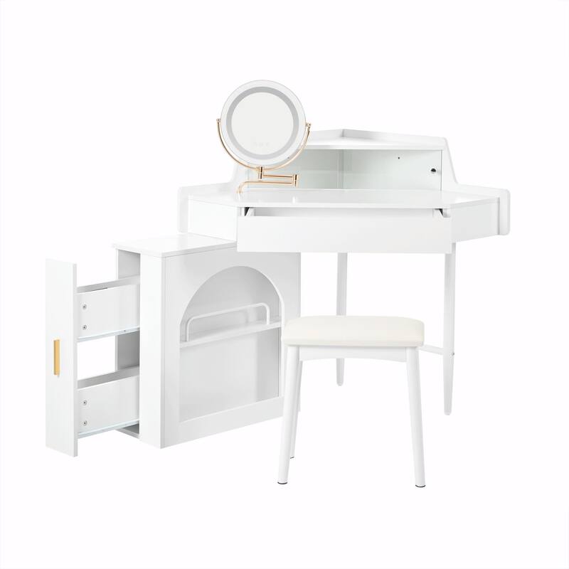 Corner Makeup Vanity Desk with Mirror & LED Lights