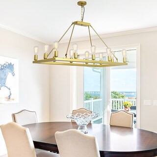Gold Rectangular Light 12-Light Gold Rectangle Chandelier Light with Metal Framed - Golden ...