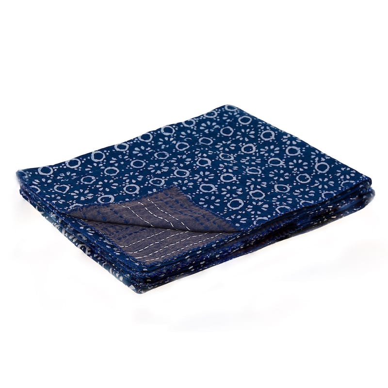 HomeRoots 50" X 70" Blue And Off White Geometric Cotton Quilted Kantha Throw Blanket with Embroidery