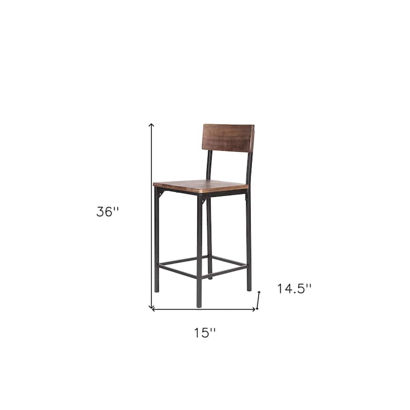 HomeRoots Set of Two 25" Brown and Black Solid Wood and Metal Counter Height Bar Chairs