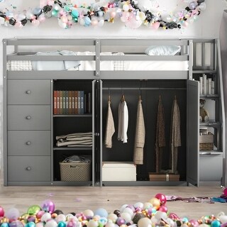 Full Size Wood Loft Bed With Built-in Wardrobes,Cabinets and Drawers