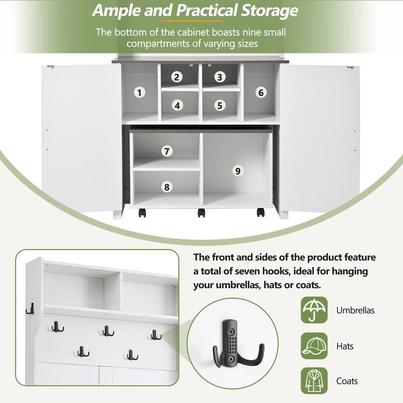 Farmhouse 4-in-1 Hall Tree with Barn Doors, Movable Bench with 7 Hanging Hooks and Shoe Storage Cabinet