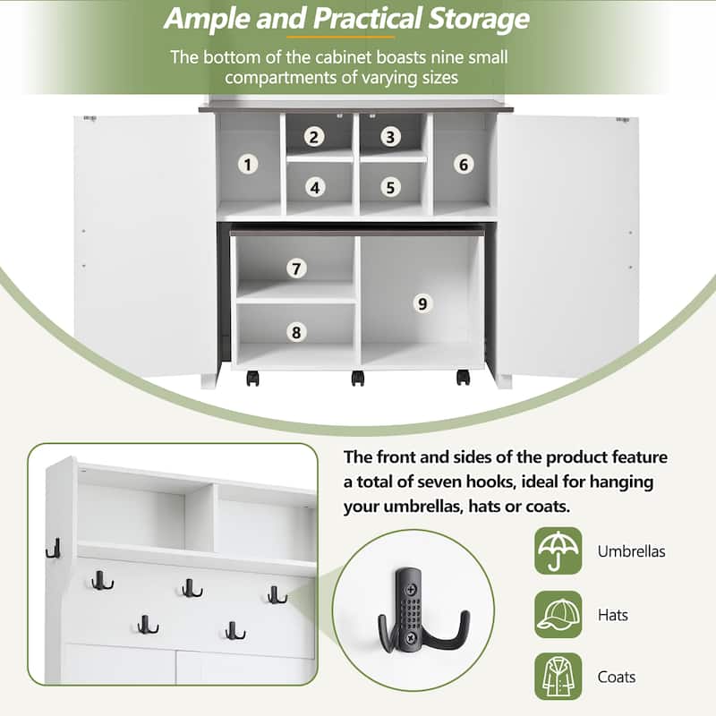 Roomfitters Farmhouse 4-in-1 Hall Tree with Barn Doors, Movable Bench with Shoe Storage and 7 Hooks, with Wheels