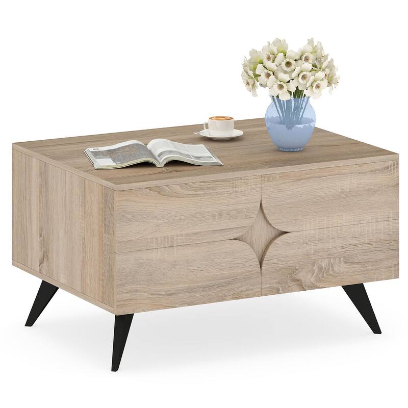 Gymax Modern Coffee Table w/ Storage Open Compartments & 3 Drawers 4 - Natural - MDF
