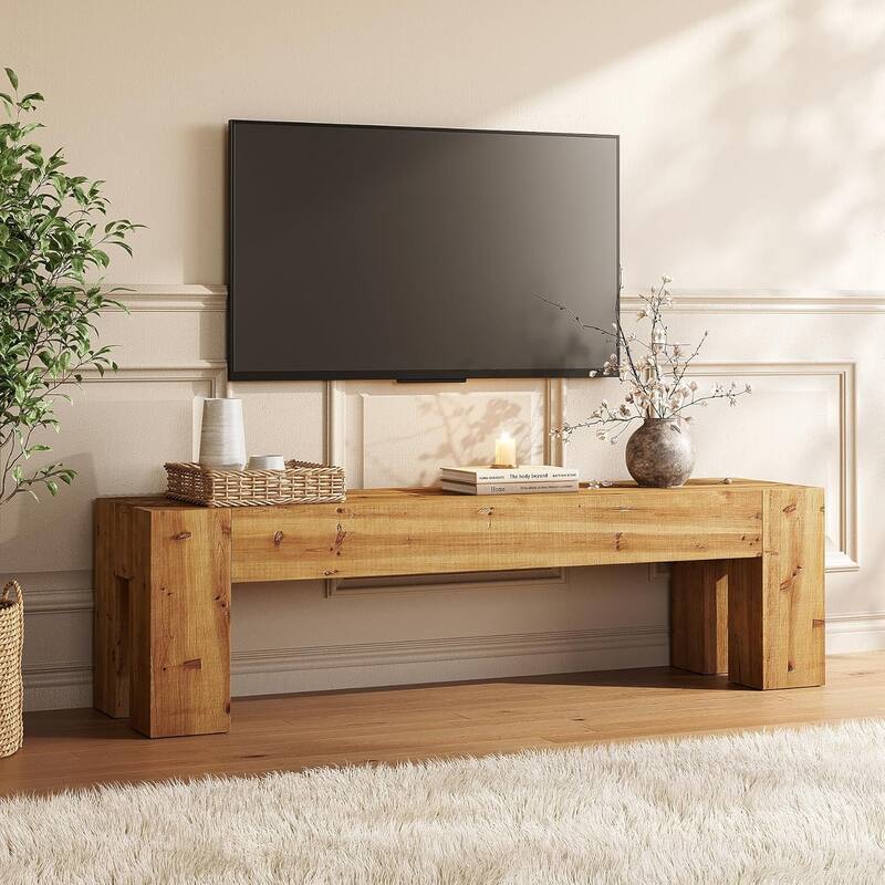 63" Extra Long Solid Wood TV Stand, Heavy Duty Media TV Consoles Table