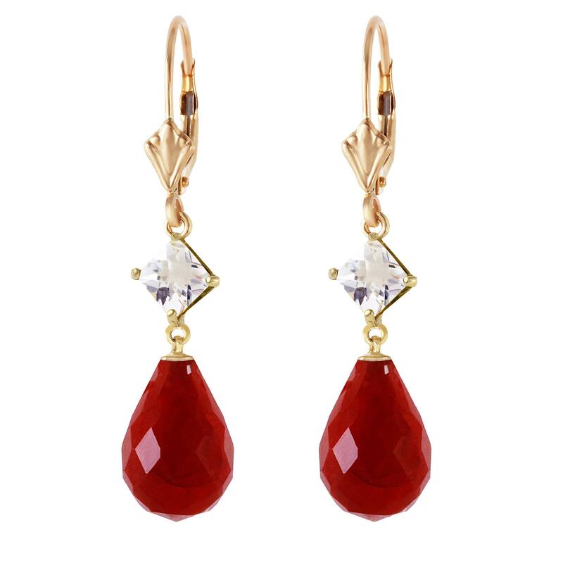14K Solid Gold Leverback Gemstone Earrings w/ Rose Topaz & Rubies