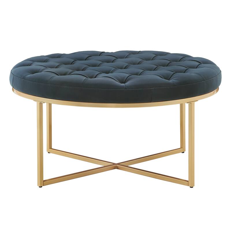 Devin Polished Faux Leather Round Tufted Ottoman by iNSPIRE Q Modern