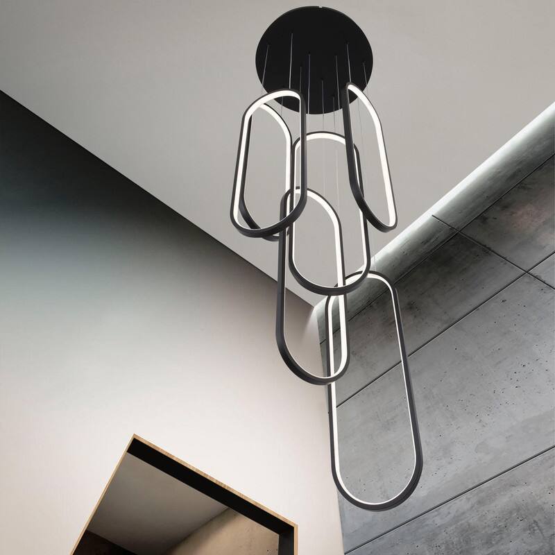 Modern Chandelier 6 Ring Adjustable Height Long Staircase LED Chandeliers Foyer Ceiling Light