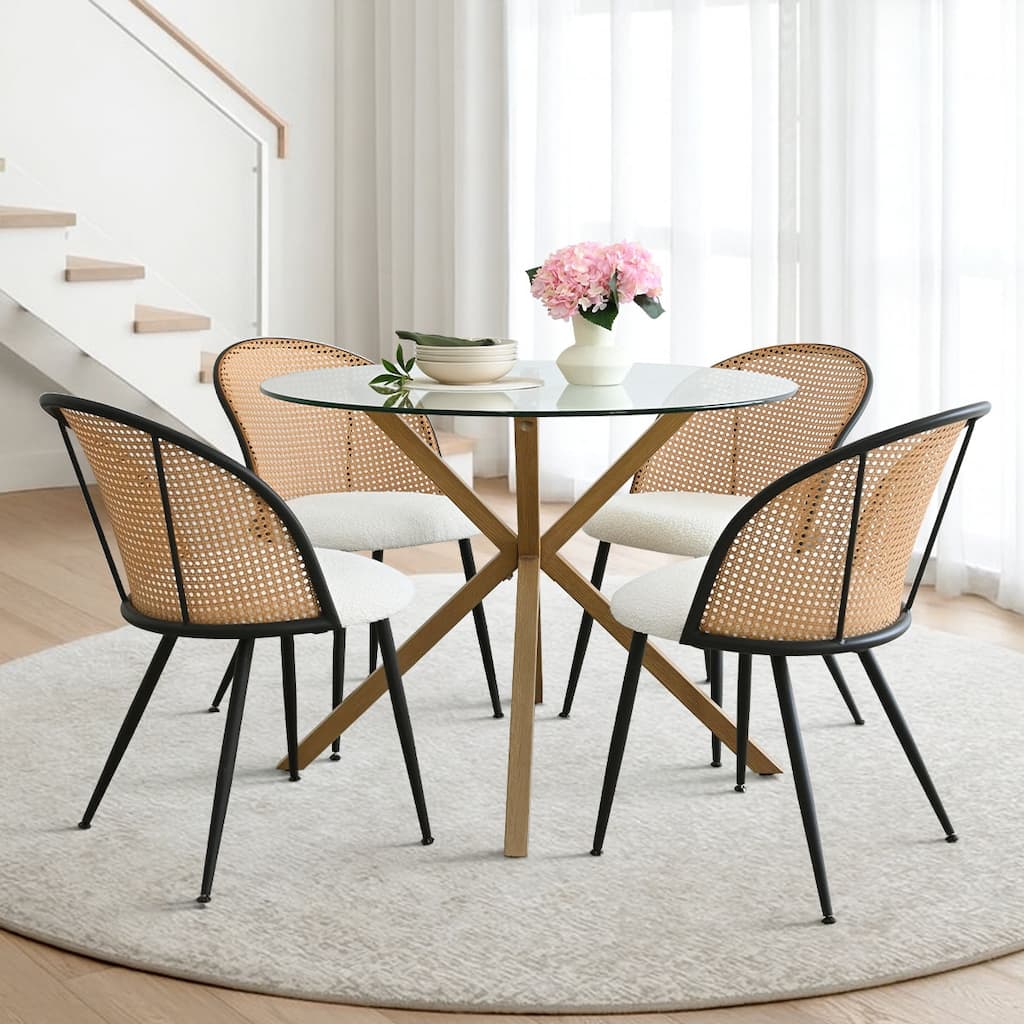 5-Piece Glass Round Dining Table Set with Mesh Rattan Backrest Chairs