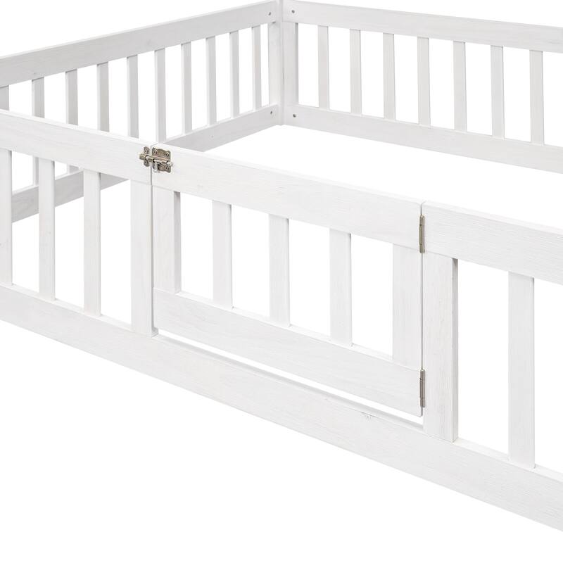 Pine House Floor Bed with Door, Fence & Roof