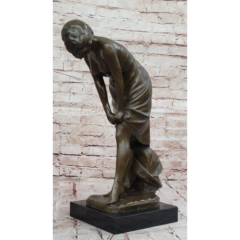 Elegant Bronze Sculpture Of Woman Adjusting Dress – Graceful Figurine On Marble Base