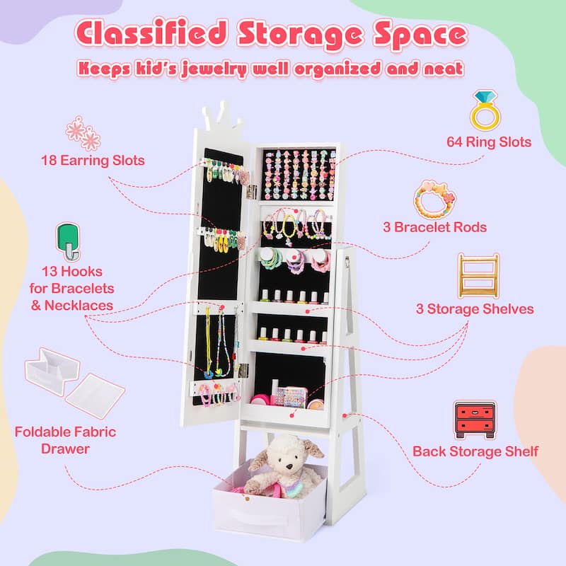 Gymax Kids Jewelry Cabinet w/ Full-Length Mirror Foldable Drawer