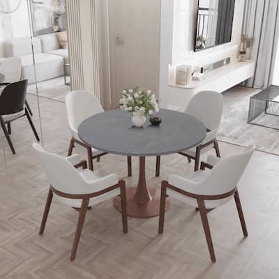Bristol 36" Round Dining Table with Marbled Grey Sintered Stone Top and Steel Pedestal Base