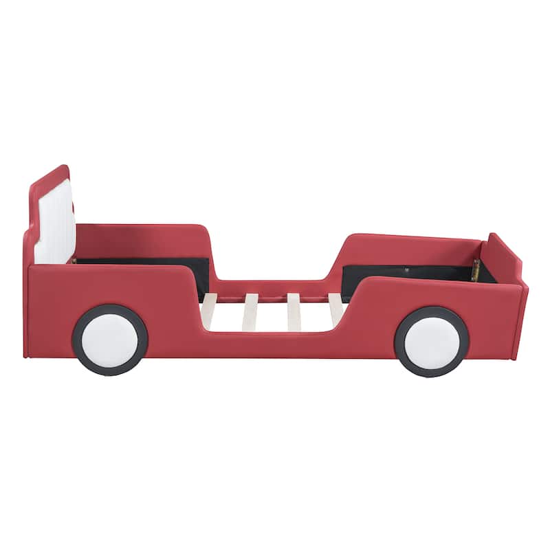 Red Modern Design Twin Size Race Car-Shaped Platform Bed with Wheels for Bedroom