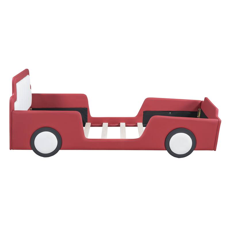 Twin Size Race Car Bed with Wheels, Kids Car-Shaped Beds with Safety Guardrail, Slats Support, Wooden Platform Bedframe