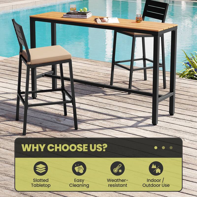 Outdoor 3-Piece Patio Bar Stools Set Rectangle Bar Table and Barstools with Cushion