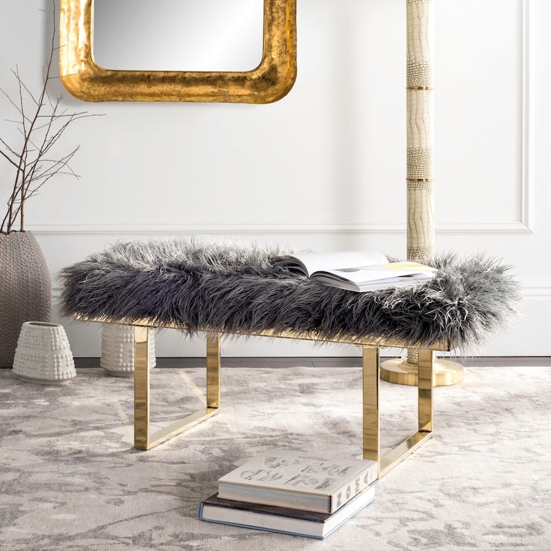SAFAVIEH Cassandra Grey Faux Sheepskin Bench - 38Wx18Dx17H - Faux Grey /Brass