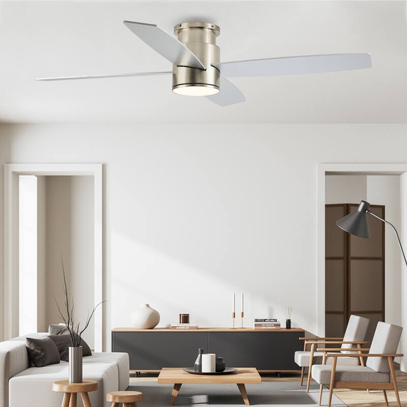 WINGBO 44/52 Inch Flush Mount DC Ceiling Fan with Lights and Remote, 4 Reversible Blades - 52 inch - White/Silver