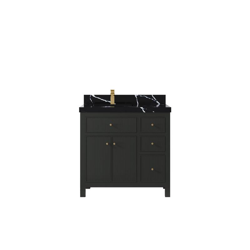Willow Collections 36 in W x 22 in D Sonoma Left Offset Free Standing Reeded Bathroom Vanity with Countertop - 2" Calacatta Black - Black Top