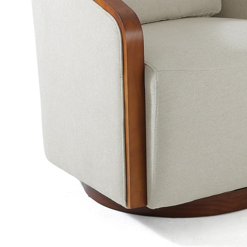 Upholstered Swivel Barrel Chair with Curved Wood Arms