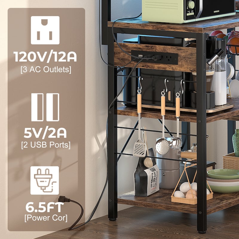 Bakers Rack with Power Outlet and LED Light Strings, Kitchen Storage Shelf