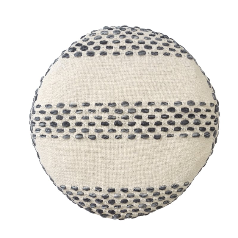 18" Ivory and Blue Cotton Blend Round Striped Pouf Ottoman