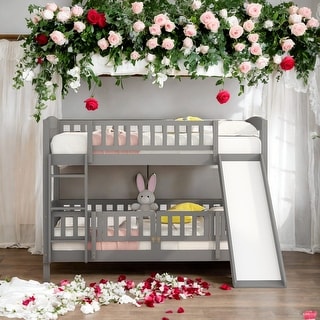 Twin Over Twin Low Bunk Bed With Slide,Fence and Ladder for Bedroom