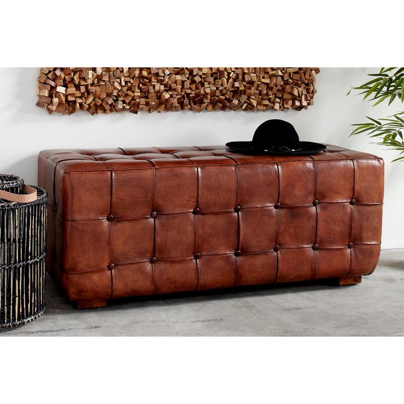 Brown Leather Tufted Upholstered Home Bench with Block Feet - Brown