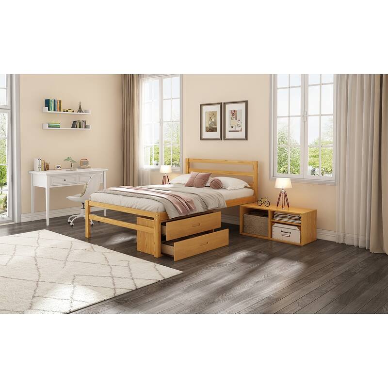 Full Platform Bed with Removable Shelves and Two Drawers, Sturdy Wood Frame for Extra Storage, Modern Look