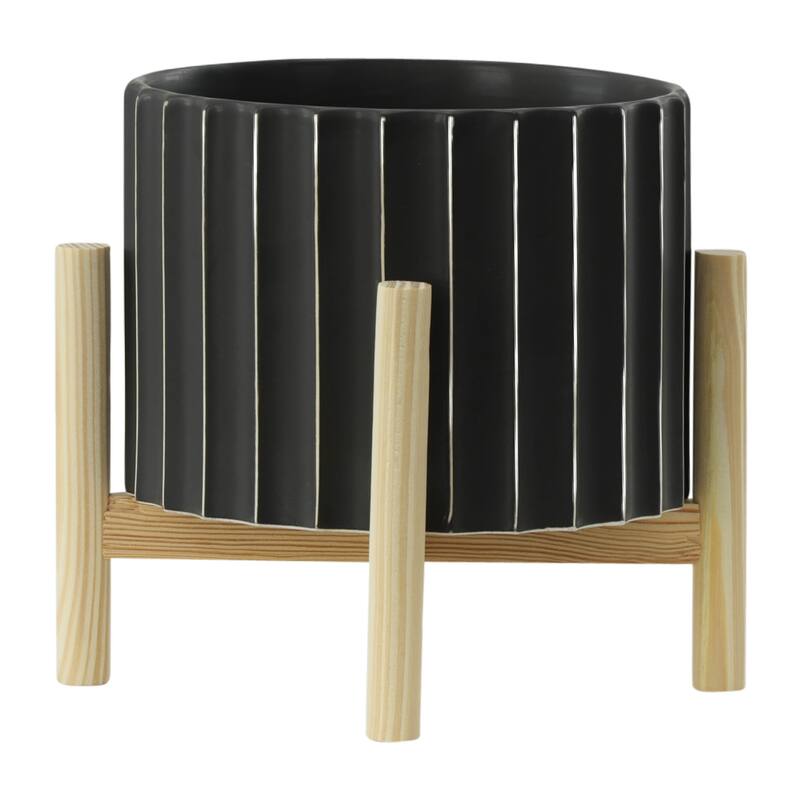 Ceramic Fluted Planter with Wood Stand - Black