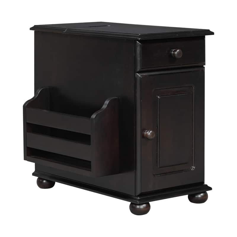 Retro Flip-Top End Table – USB Ports, Cup Holder Drawer & Bookshelf, Ideal for Small Spaces.