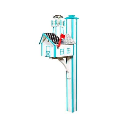 Deluxe Poly Mailbox with Aluminum Diamond Plate Roof and Lighthouse with Post