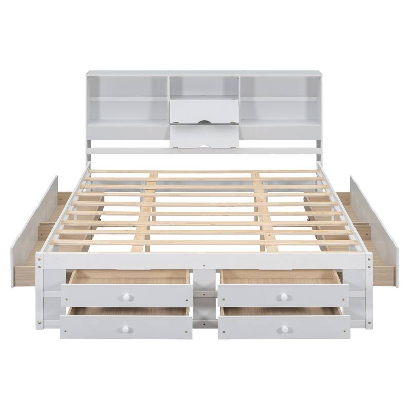 Queen / King Platform Bed with Storage Headboard and 8 Drawers Sturdy Pine Wood Construction - White - King