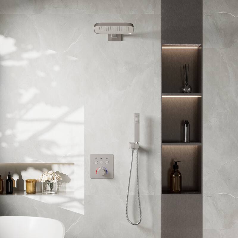 Modland 3-function Square Thermostatic Rainfall Shower System with High-pressure Handheld Shower, Black/Nickel/Chrome