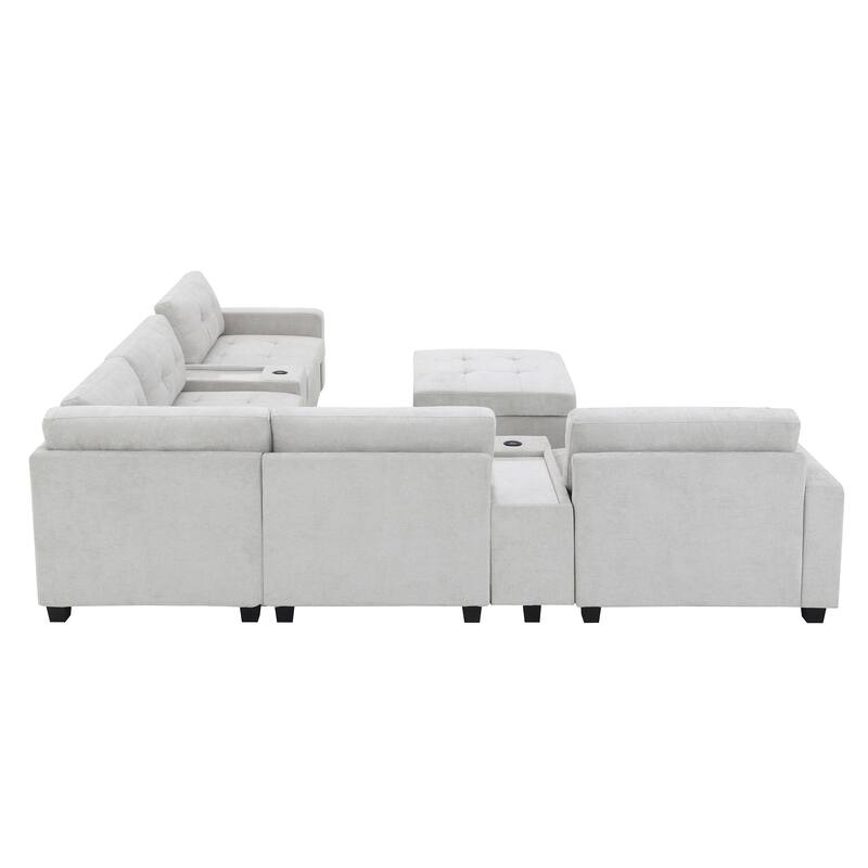 104" Chenille U-Shaped Sectional Sofa with 2 Acrylic Tables, USB Charging and Storage Ottoman